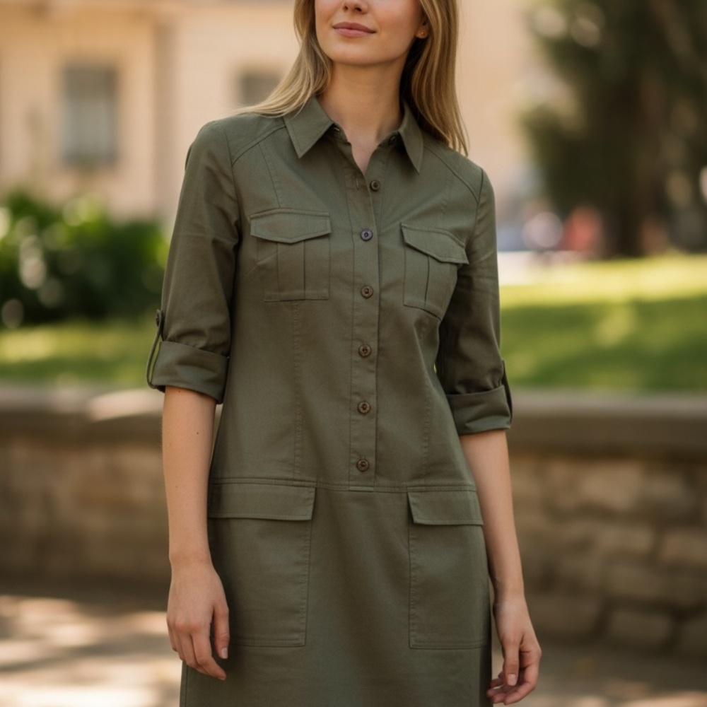 Black Halo Military Green Utility Dress with side Pockets